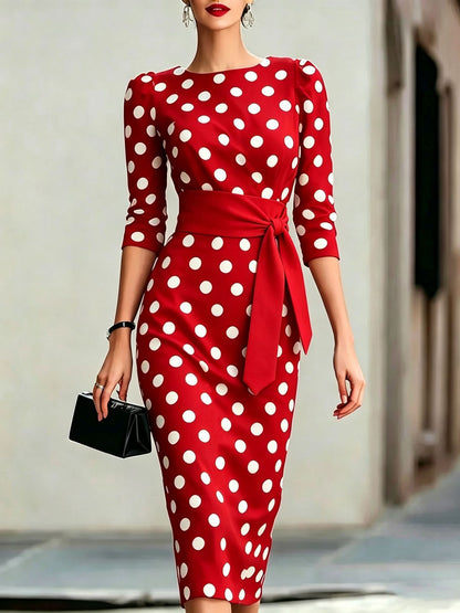 Women Elegant Black White Polka Dot Midi Dress With Waist Belt Three-Quarter Sleeve O Neck Pencil Bodycon Formal Work Office Party Dress