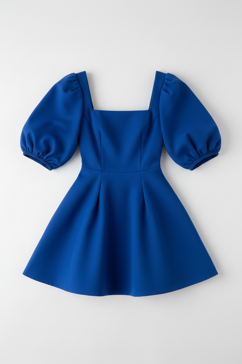 Cobalt blue puff sleeve mini dress - front view 1 flat lay