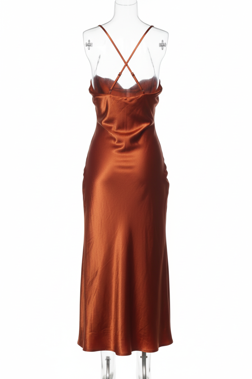 Rust orange satin slip dress - back view on mannequin showing low back