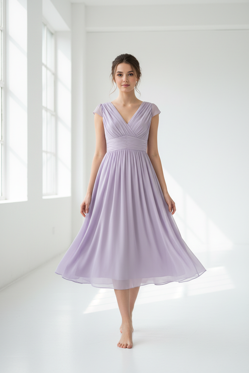 Lavender chiffon midi dress - model front view