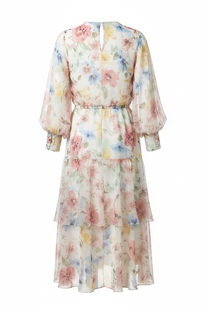 Pastel floral chiffon tiered midi dress - back view on mannequin