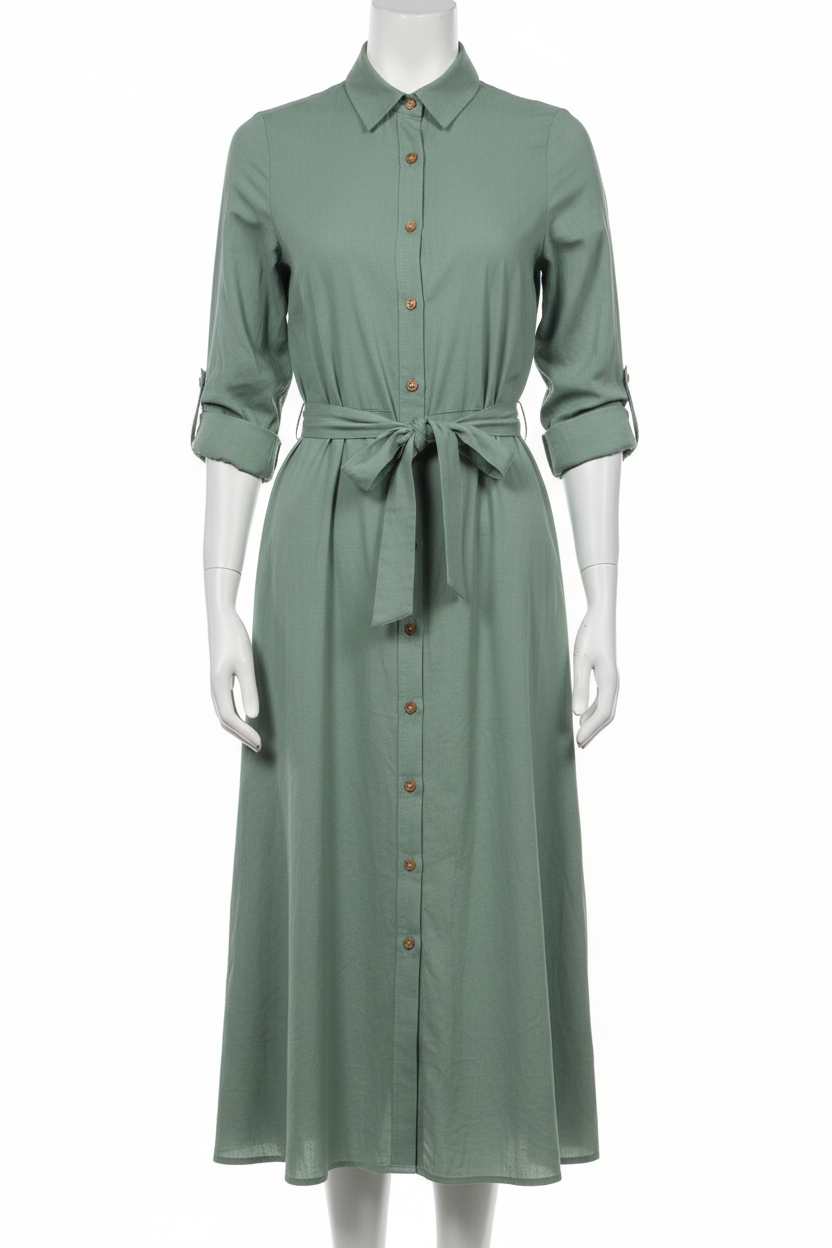 Sage green midi shirt dress - front view 2 on mannequin